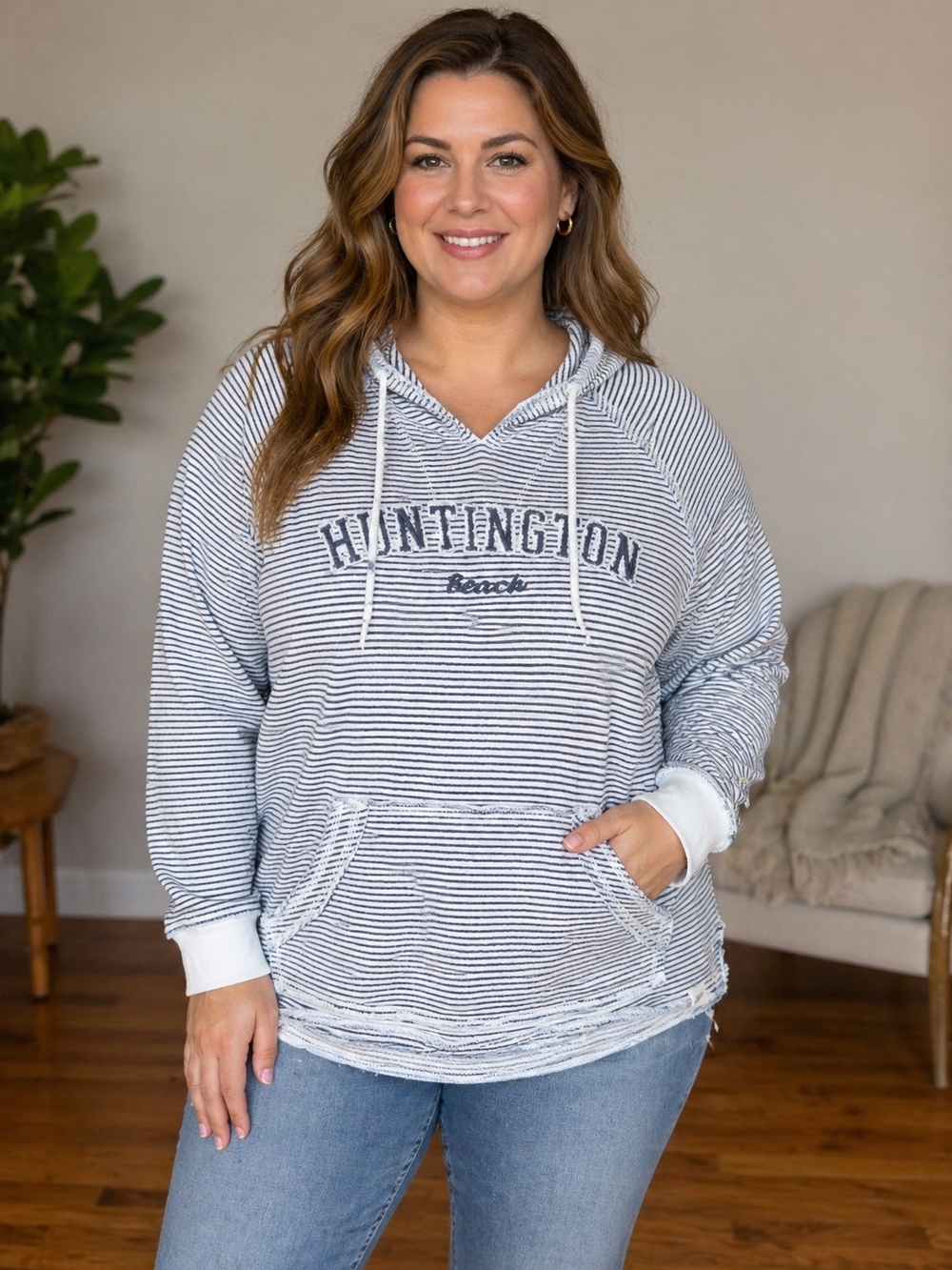 Blue Pullover Hoodie Knit Striped Women's Plus Size White Navy Hooded Pockets